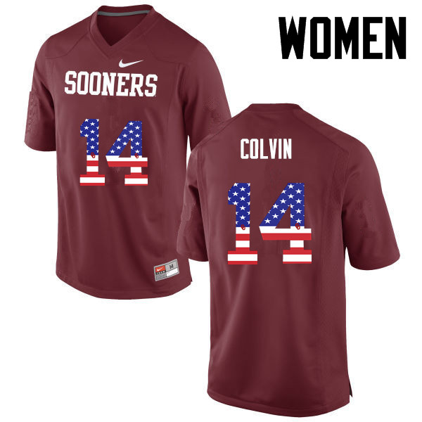 Women Oklahoma Sooners #14 Aaron Colvin College Football USA Flag Fashion Jerseys-Crimson - Click Image to Close